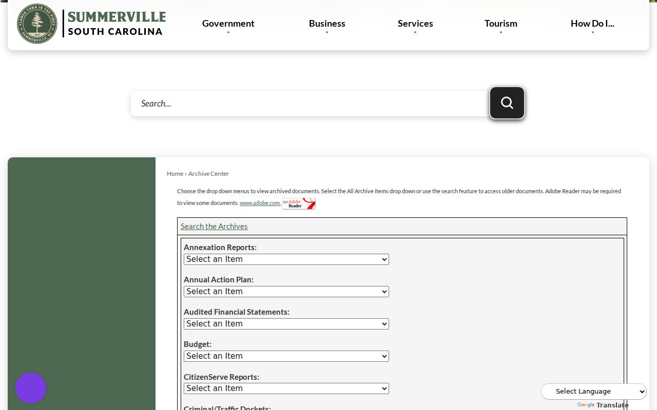 Summerville Town Archive Center search screen with record categories and date options